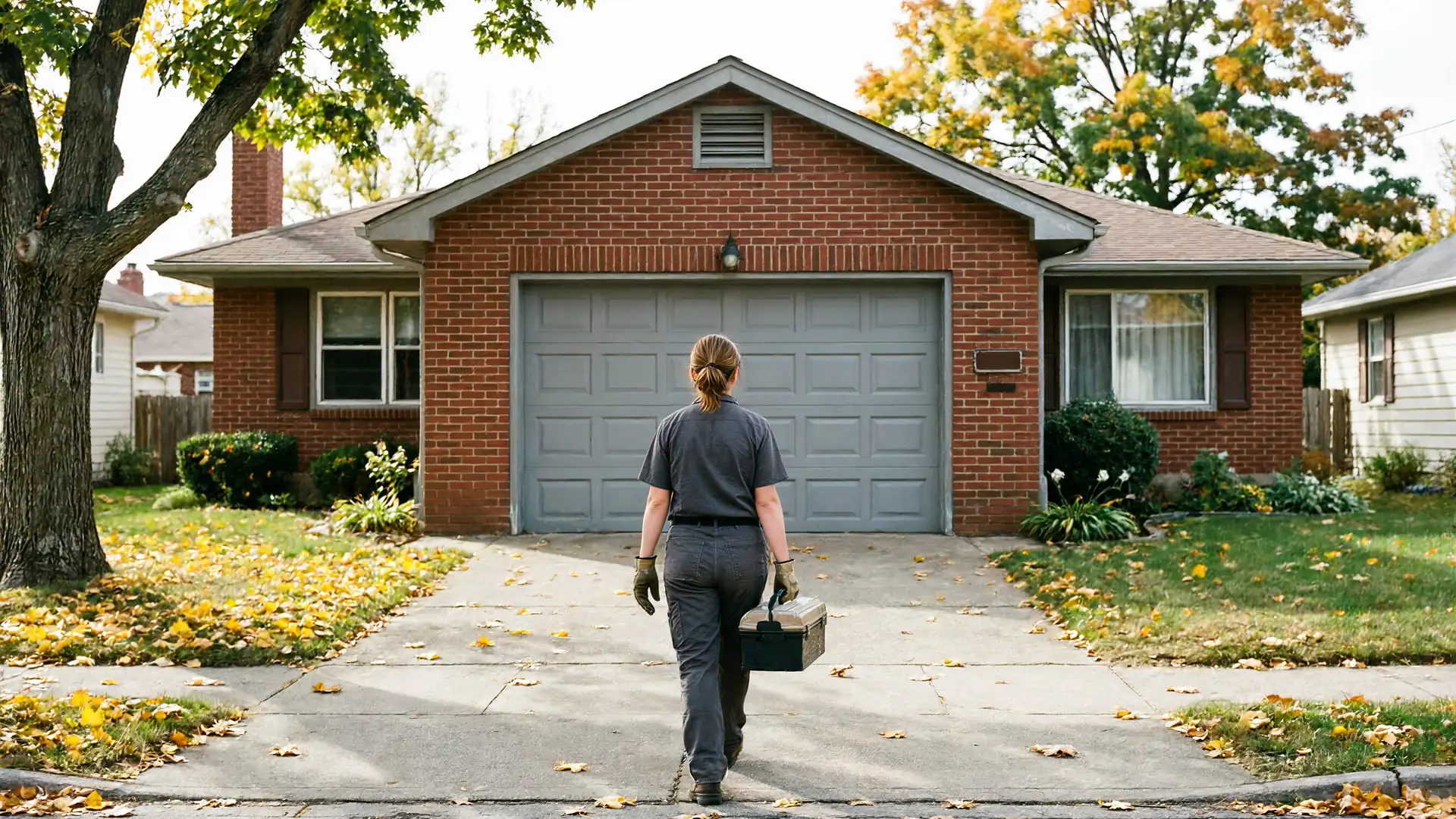 A technician walks toward a brick house with a gray garage door.