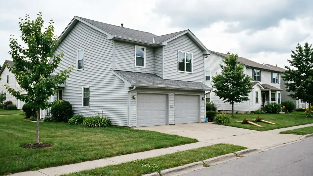 A two-story gray house with two garage doors is visible from the street.