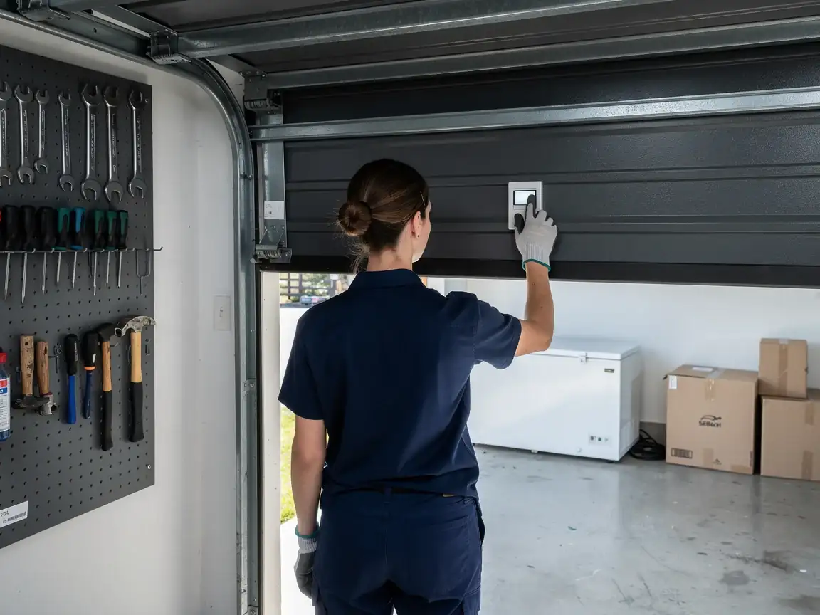 A technician in a blue uniform adjusts a wall-mounted control panel on a gray garage door.