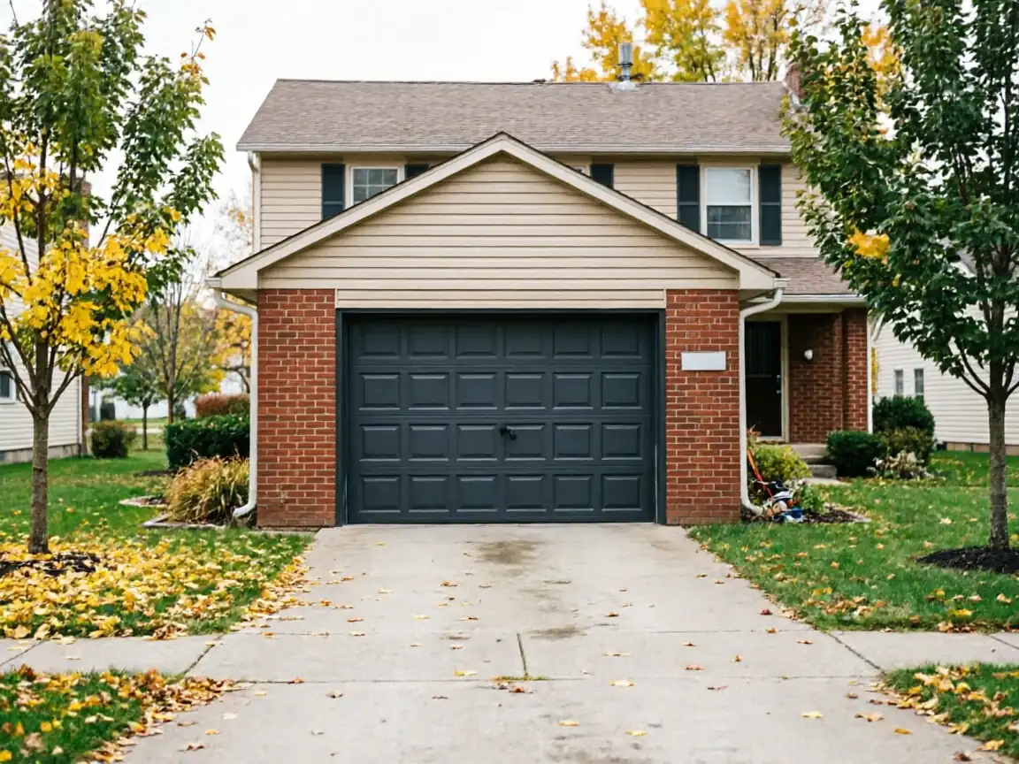 The house has a dark gray garage door, brick and tan siding, and a brown roof.