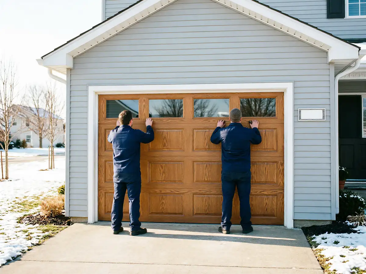Two technicians in blue uniforms push on a brown garage door with windows.